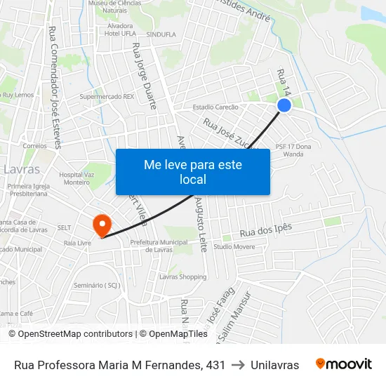 Rua Professora Maria M Fernandes, 431 to Unilavras map