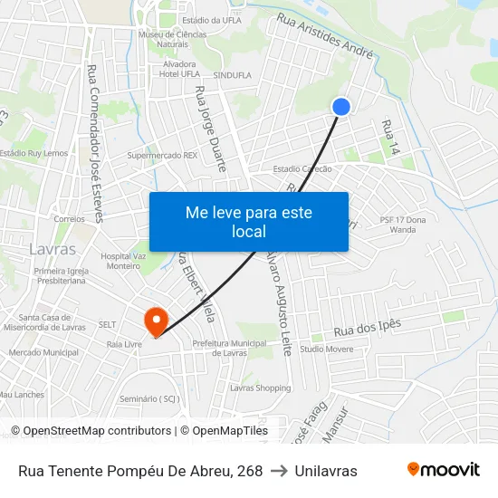 Rua Tenente Pompéu De Abreu, 268 to Unilavras map