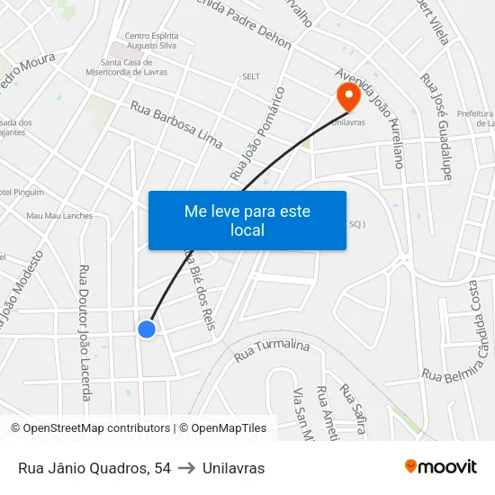 Rua Jânio Quadros, 54 to Unilavras map