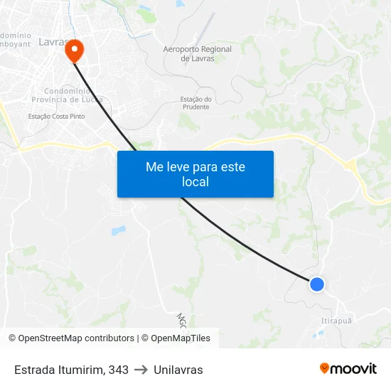 Estrada Itumirim, 343 to Unilavras map
