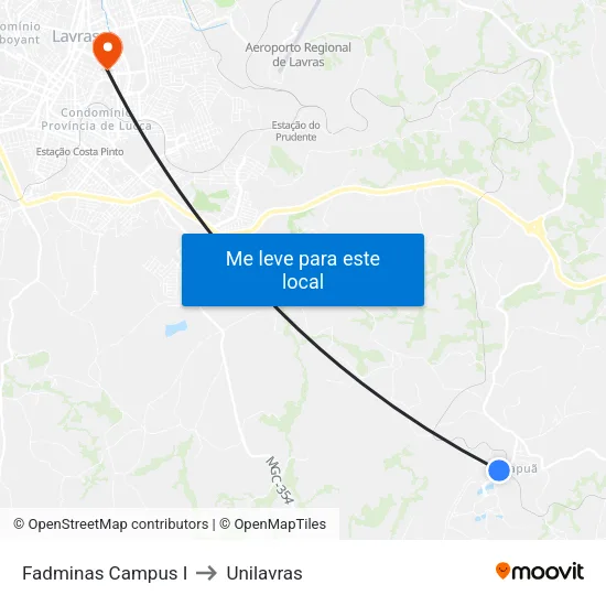 Fadminas Campus I to Unilavras map