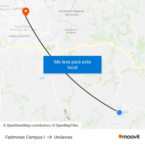 Fadminas Campus I to Unilavras map