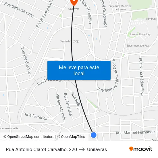 Rua Antônio Claret Carvalho, 220 to Unilavras map