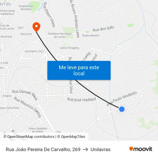 Rua João Pereira De Carvalho, 269 to Unilavras map