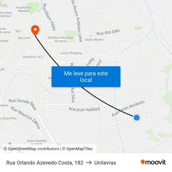 Rua Orlando Azevedo Costa, 182 to Unilavras map