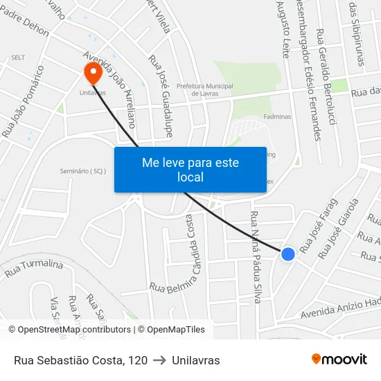 Rua Sebastião Costa, 120 to Unilavras map
