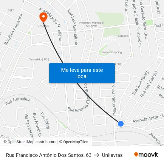 Rua Francisco Antônio Dos Santos, 63 to Unilavras map