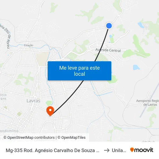 Mg-335 Rod. Agnésio Carvalho De Souza Km 86,0 Norte to Unilavras map