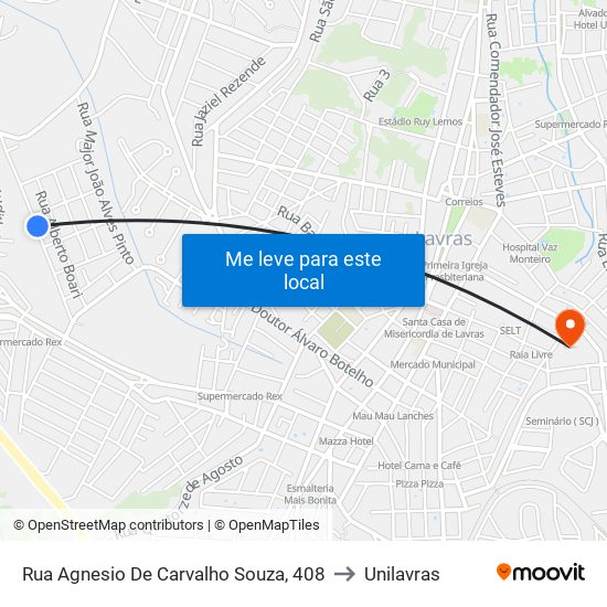 Rua Agnesio De Carvalho Souza, 408 to Unilavras map