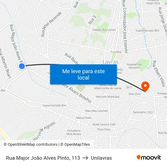 Rua Major João Alves Pinto, 113 to Unilavras map