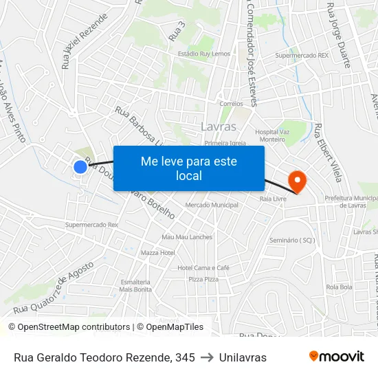 Rua Geraldo Teodoro Rezende, 345 to Unilavras map