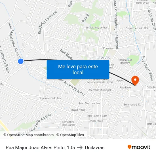 Rua Major João Alves Pinto, 105 to Unilavras map
