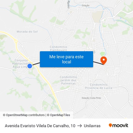 Avenida Evaristo Vilela De Carvalho, 10 to Unilavras map