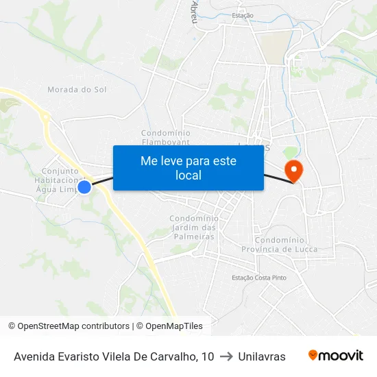 Avenida Evaristo Vilela De Carvalho, 10 to Unilavras map