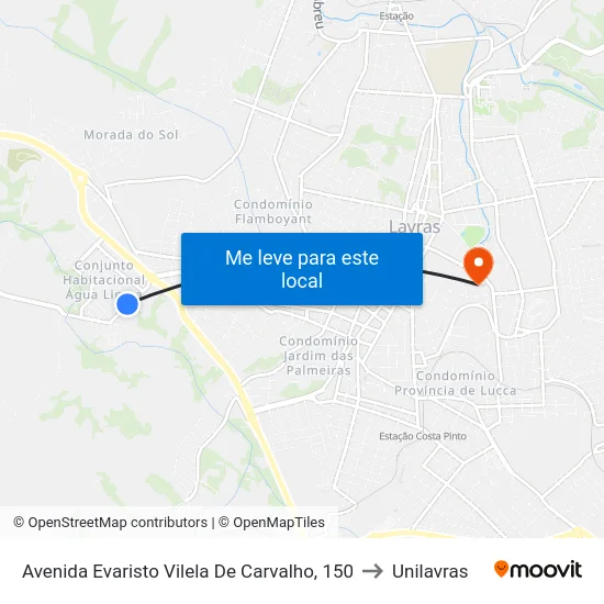 Avenida Evaristo Vilela De Carvalho, 150 to Unilavras map