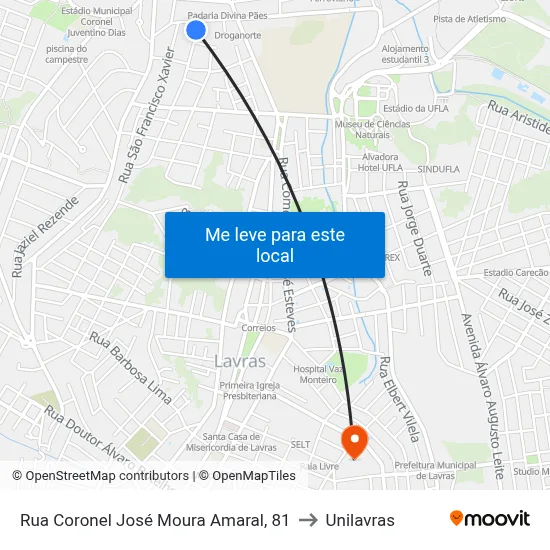 Rua Coronel José Moura Amaral, 81 to Unilavras map