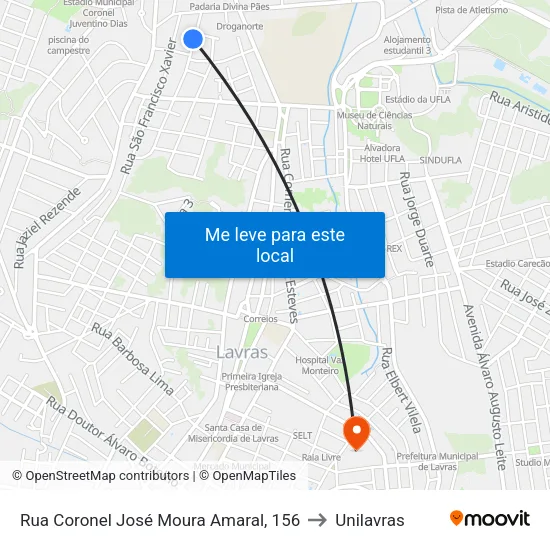 Rua Coronel José Moura Amaral, 156 to Unilavras map