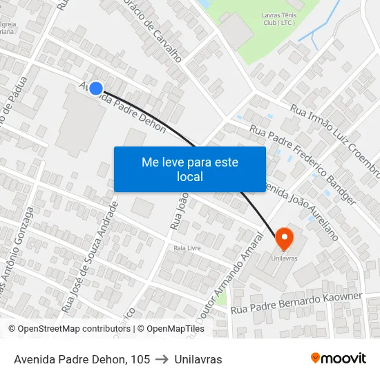 Avenida Padre Dehon, 105 to Unilavras map