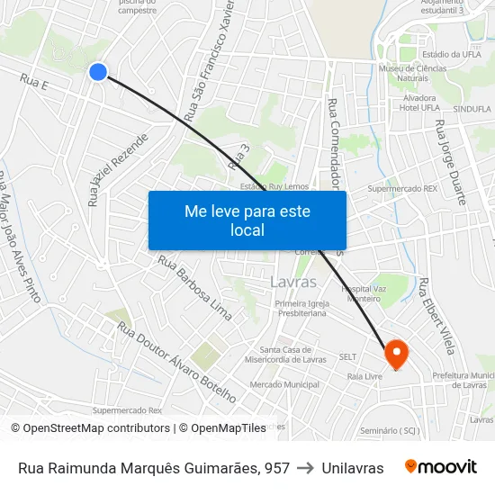 Rua Raimunda Marquês Guimarães, 957 to Unilavras map