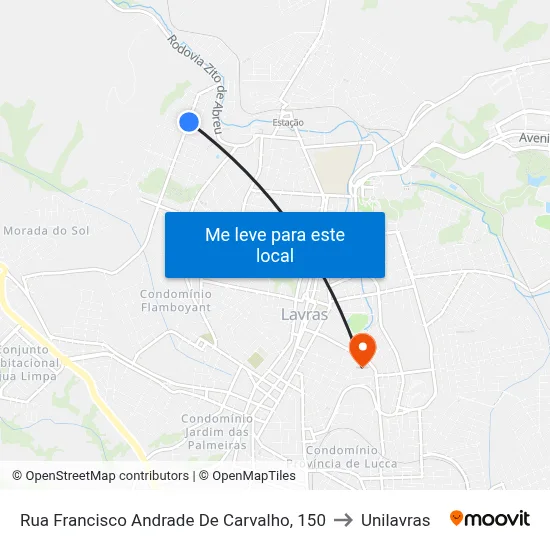 Rua Francisco Andrade De Carvalho, 150 to Unilavras map