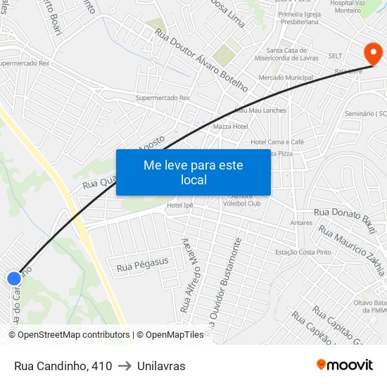 Rua Candinho, 410 to Unilavras map