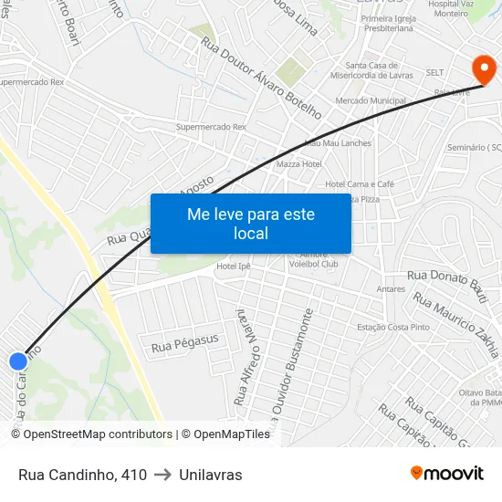 Rua Candinho, 410 to Unilavras map