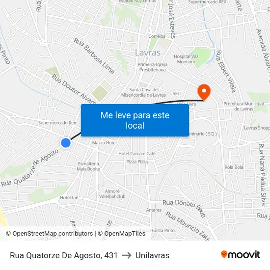 Rua Quatorze De Agosto, 431 to Unilavras map