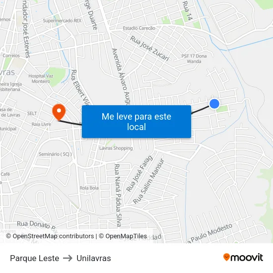 Parque Leste to Unilavras map
