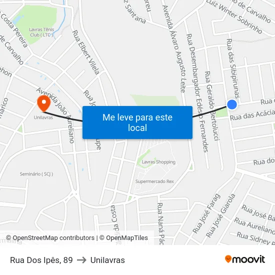 Rua Dos Ipês, 89 to Unilavras map