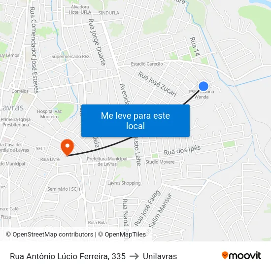Rua Antônio Lúcio Ferreira, 335 to Unilavras map
