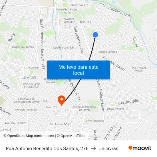 Rua Antônio Benedito Dos Santos, 276 to Unilavras map