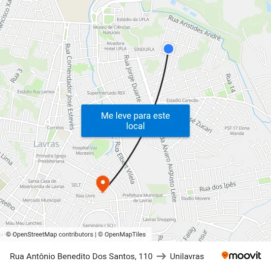Rua Antônio Benedito Dos Santos, 110 to Unilavras map