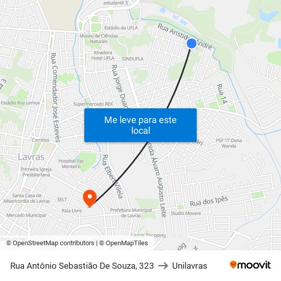 Rua Antônio Sebastião De Souza, 323 to Unilavras map