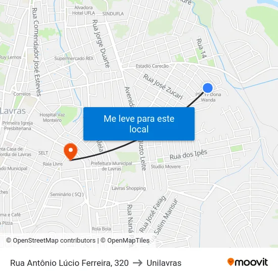 Rua Antônio Lúcio Ferreira, 320 to Unilavras map