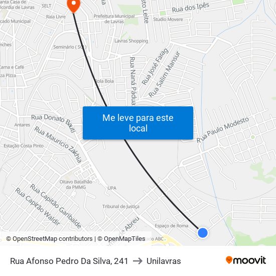 Rua Afonso Pedro Da Silva, 241 to Unilavras map