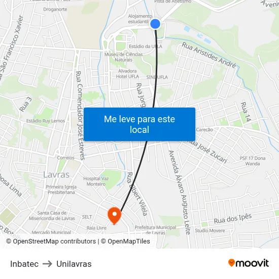 Inbatec to Unilavras map