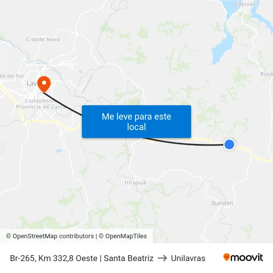 Br-265, Km 332,8 Oeste | Santa Beatriz to Unilavras map