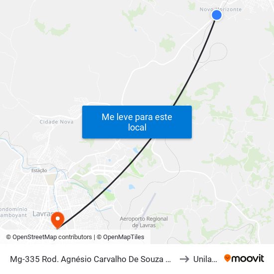 Mg-335 Rod. Agnésio Carvalho De Souza Km 79,0 Norte to Unilavras map