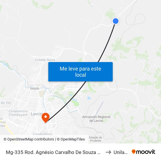 Mg-335 Rod. Agnésio Carvalho De Souza Km 80,8 Norte to Unilavras map