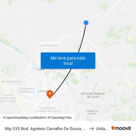 Mg-335 Rod. Agnésio Carvalho De Souza Km 83,0 Norte to Unilavras map