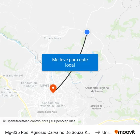 Mg-335 Rod. Agnésio Carvalho De Souza Km 84,3 Sul | Trevo Anel Rodov. Lavras to Unilavras map
