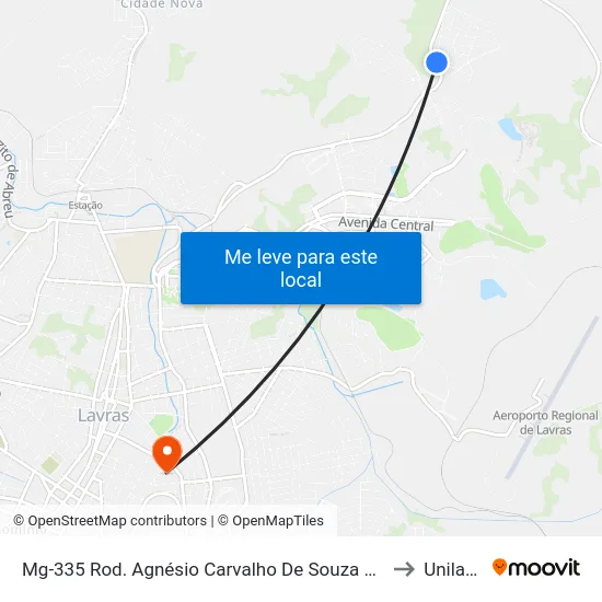 Mg-335 Rod. Agnésio Carvalho De Souza Km 85,2 Norte to Unilavras map