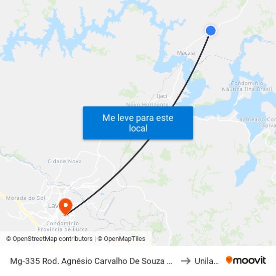 Mg-335 Rod. Agnésio Carvalho De Souza Km 70,4 Norte to Unilavras map