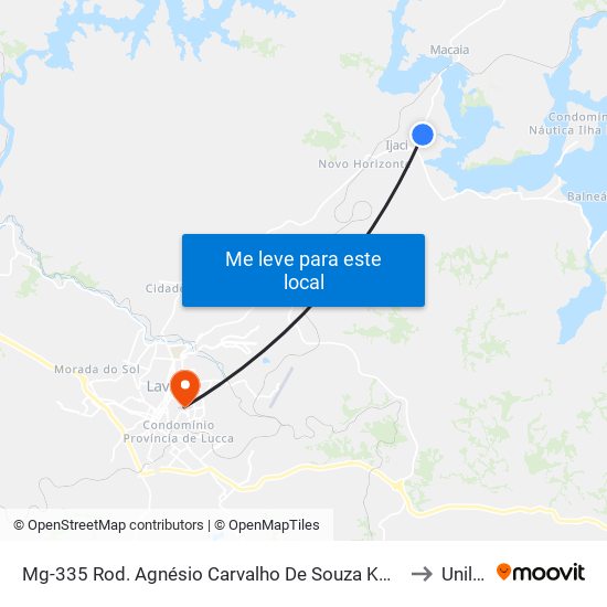 Mg-335 Rod. Agnésio Carvalho De Souza Km 76,2 Norte | Mineração Julinho to Unilavras map