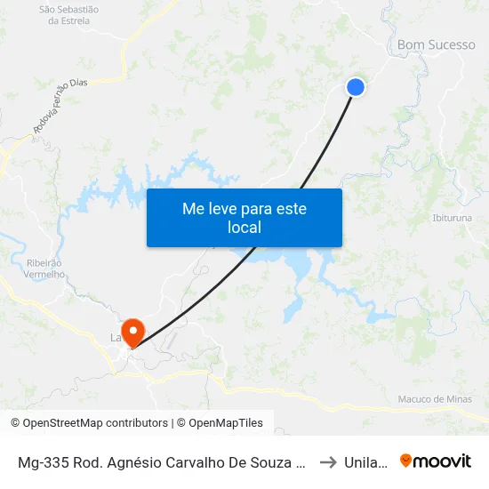 Mg-335 Rod. Agnésio Carvalho De Souza Km 57,9 Norte to Unilavras map
