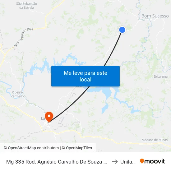 Mg-335 Rod. Agnésio Carvalho De Souza Km 59,1 Norte to Unilavras map
