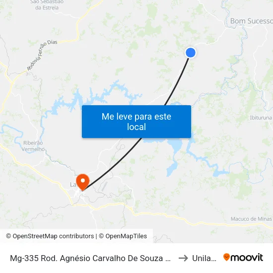 Mg-335 Rod. Agnésio Carvalho De Souza Km 61,1 Norte to Unilavras map