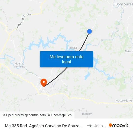 Mg-335 Rod. Agnésio Carvalho De Souza Km 65,5 Norte to Unilavras map