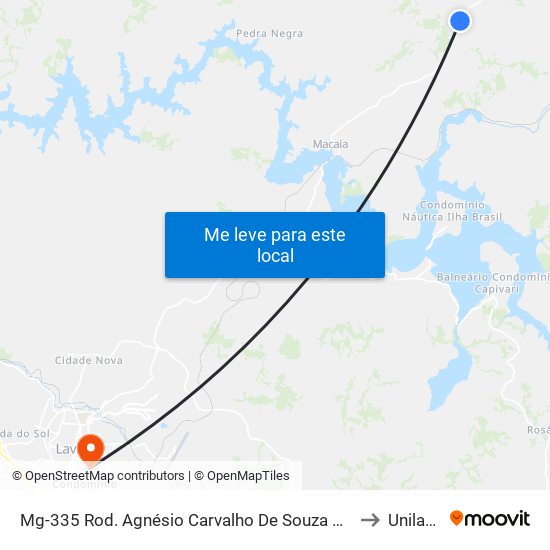 Mg-335 Rod. Agnésio Carvalho De Souza Km 66,1 Norte to Unilavras map