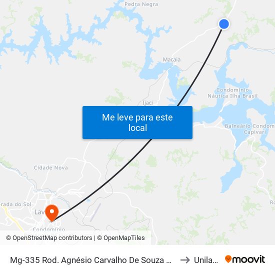 Mg-335 Rod. Agnésio Carvalho De Souza Km 68,2 Norte to Unilavras map